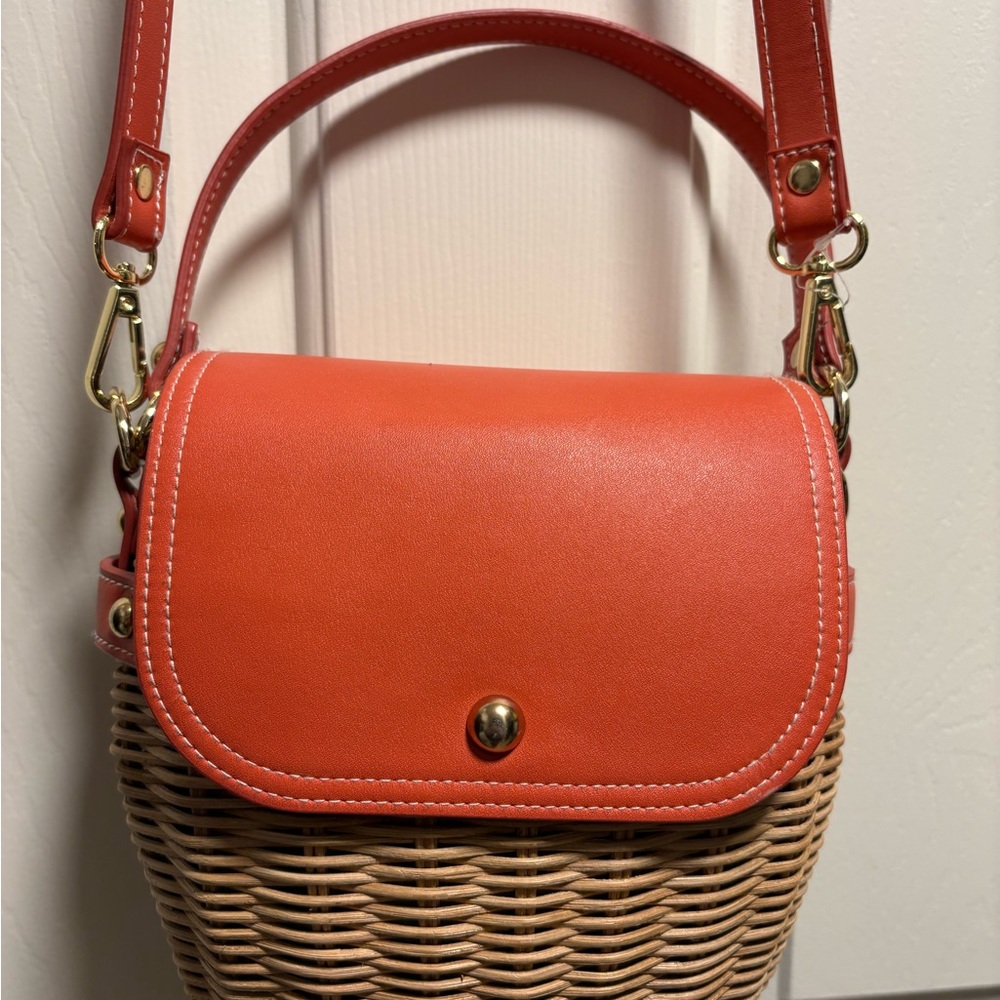 Tommy Bahama Orange Vegan Leather and Rattan Crossbody Bag